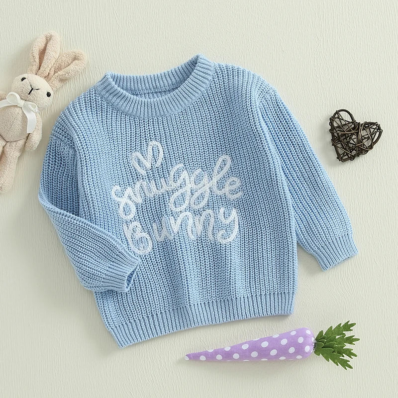 Adorable Kids Easter Sweaters with Cute Bunny Ears Design Cozy Long Sleeve Round Neck Ribbed Knit Pullover Tops for Toddlers