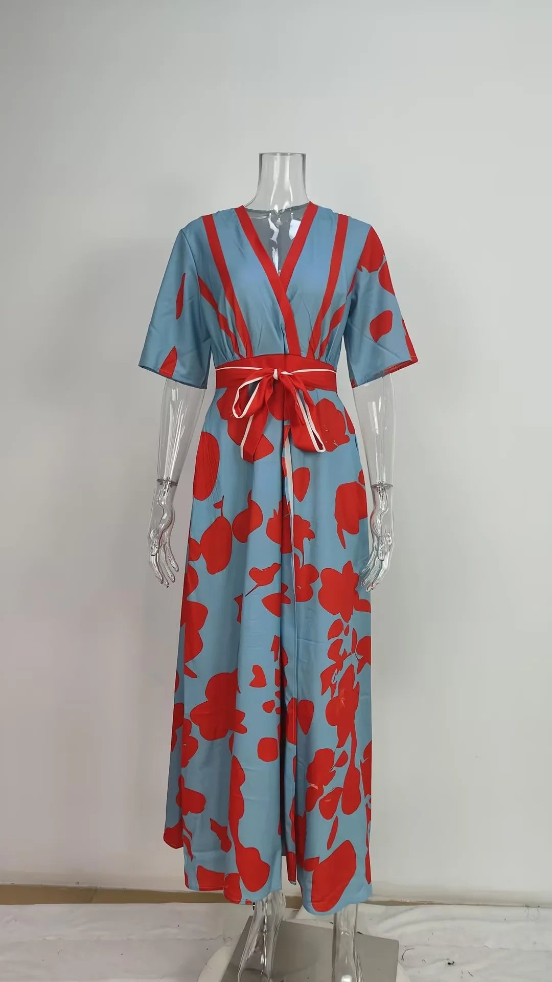 Spring Summer Women Fashion V Neck Belted Party Long Dress Sexy Printing Boho Maxi Dresses Short Sleeve Pocket Femlae Holiday