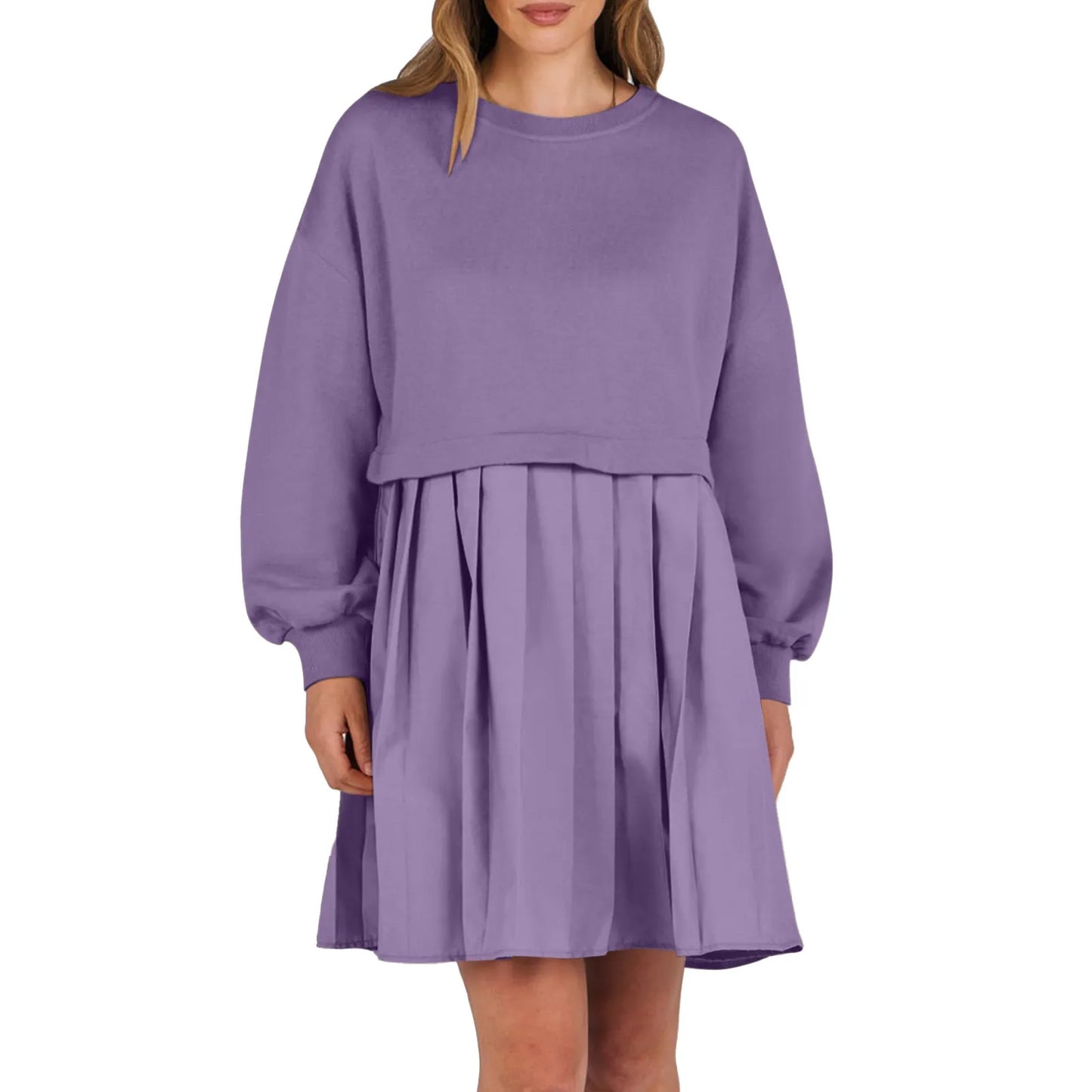 Women Sweatshirt Dress Long Sleeve Patchwork Crewneck Pullover Loose Fit Babydoll Tops Baggy Pleated Sweatshirts Mini Dresses