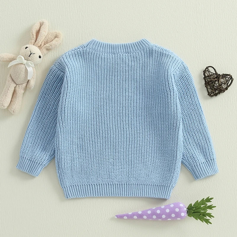 Adorable Kids Easter Sweaters with Cute Bunny Ears Design Cozy Long Sleeve Round Neck Ribbed Knit Pullover Tops for Toddlers