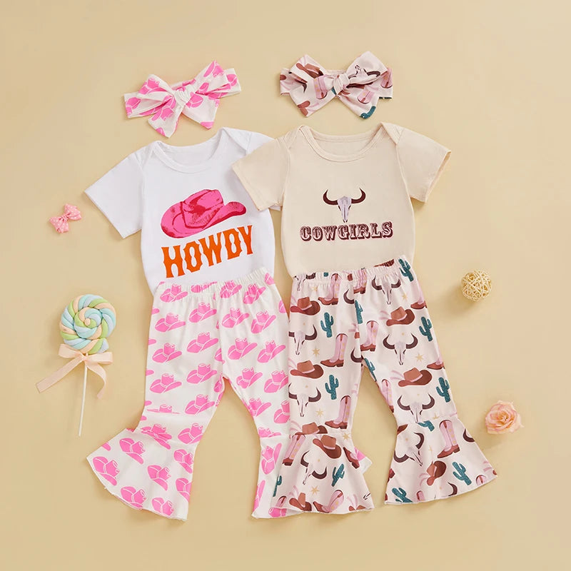 Adorable Baby Girls 3-Piece Outfit Set with Short Sleeve Romper Cow Print Boots and Matching Headband - Western Cowgirl Theme