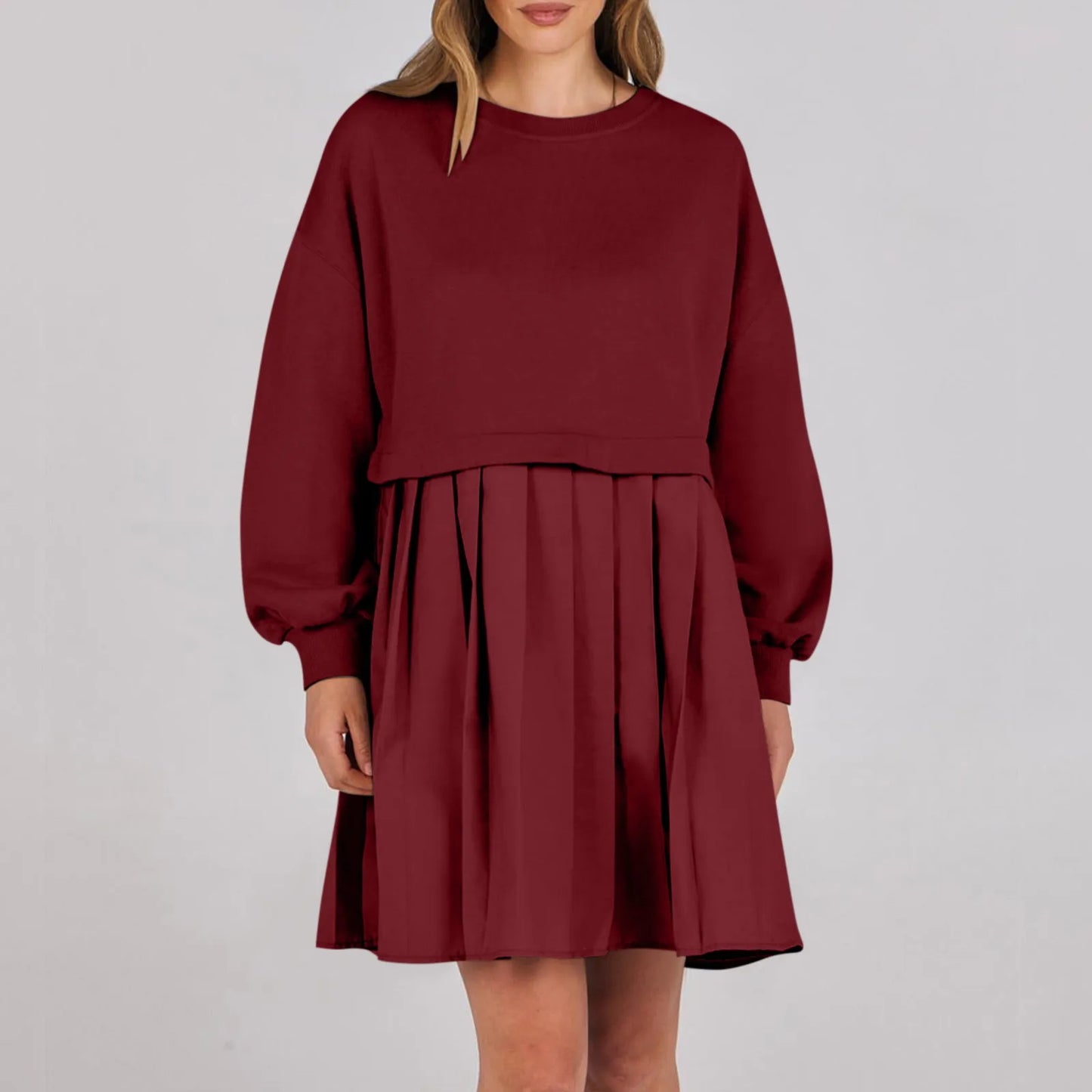 Women Sweatshirt Dress Long Sleeve Patchwork Crewneck Pullover Loose Fit Babydoll Tops Baggy Pleated Sweatshirts Mini Dresses
