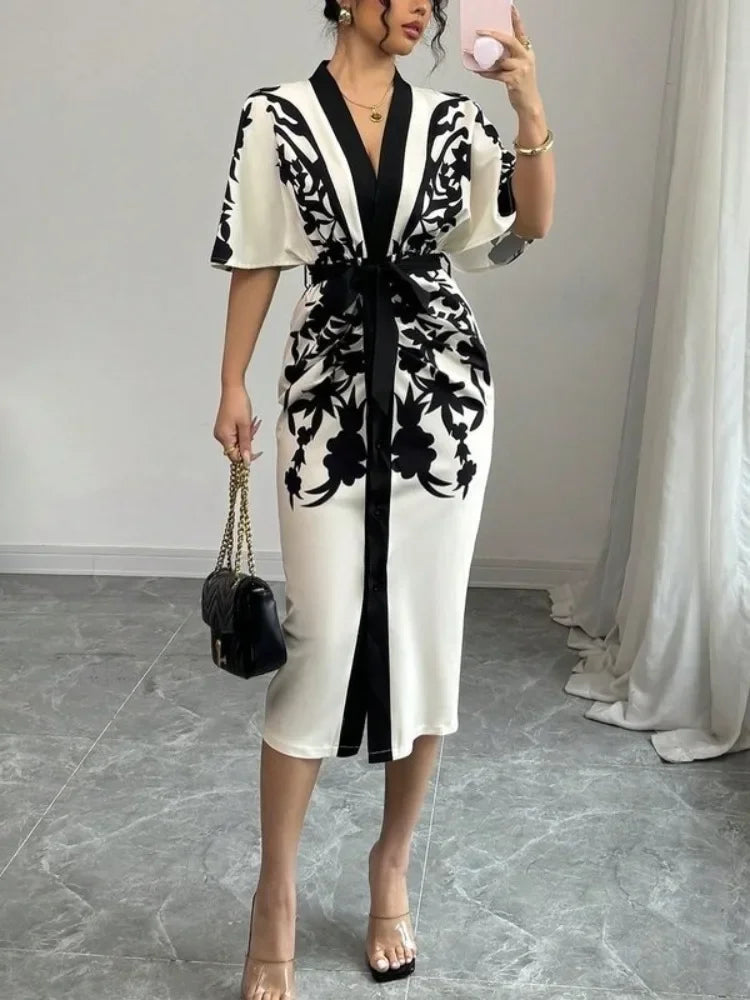 Office Ladies Office A-line Dress 2025 New Summer Half Sleeves Flower Print Printed Tied Waist V-Neck Women's Midi Dresses