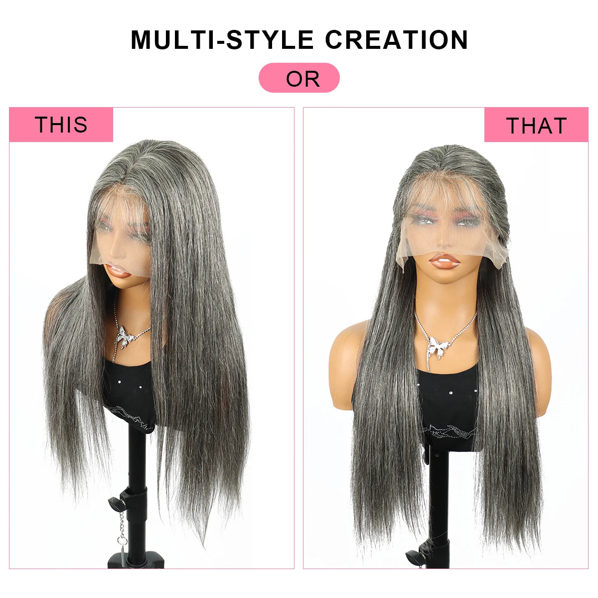 300% Density 13X6 HD Lace Front Wig Human Hair Salt & Pepper Gray Color Pre-Cut Straight Lace Frontal Wigs Human Hair For Women