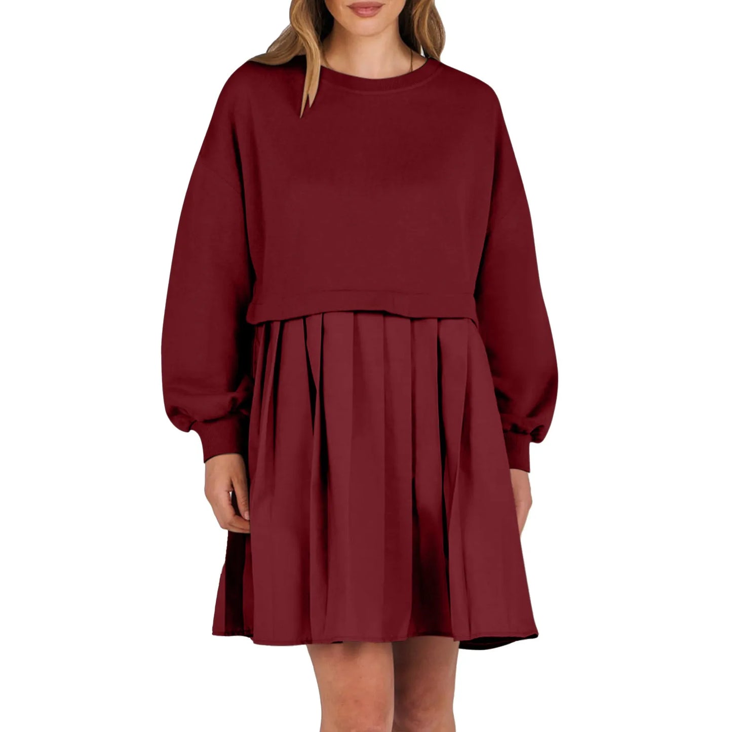 Women Sweatshirt Dress Long Sleeve Patchwork Crewneck Pullover Loose Fit Babydoll Tops Baggy Pleated Sweatshirts Mini Dresses
