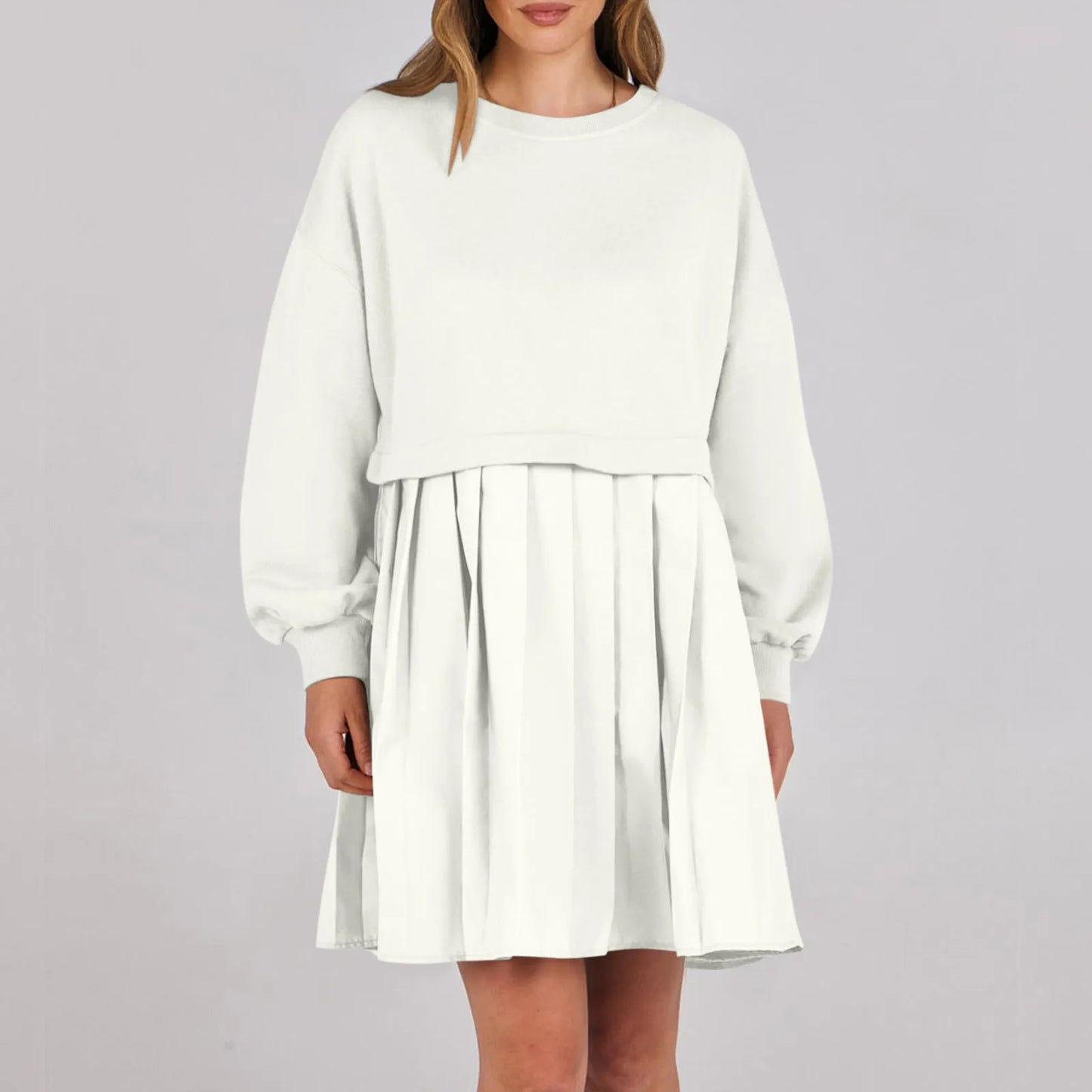 Women Sweatshirt Dress Long Sleeve Patchwork Crewneck Pullover Loose Fit Babydoll Tops Baggy Pleated Sweatshirts Mini Dresses