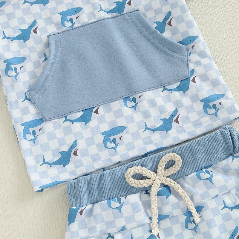 Boys Summer Shorts Sets Short Sleeve Shark Print Hooded Tops and Drawstring Shorts Sets