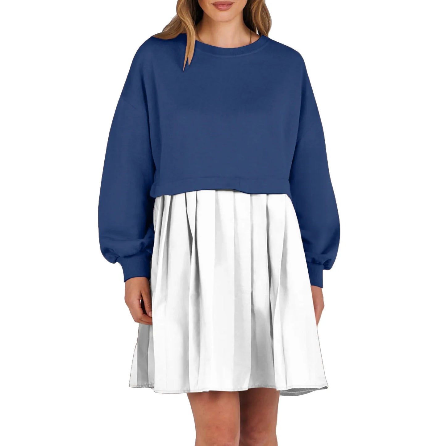Women Sweatshirt Dress Long Sleeve Patchwork Crewneck Pullover Loose Fit Babydoll Tops Baggy Pleated Sweatshirts Mini Dresses