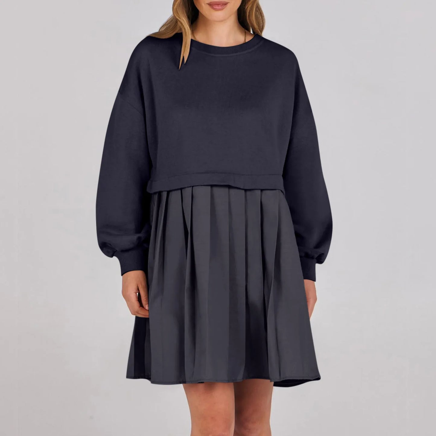 Women Sweatshirt Dress Long Sleeve Patchwork Crewneck Pullover Loose Fit Babydoll Tops Baggy Pleated Sweatshirts Mini Dresses