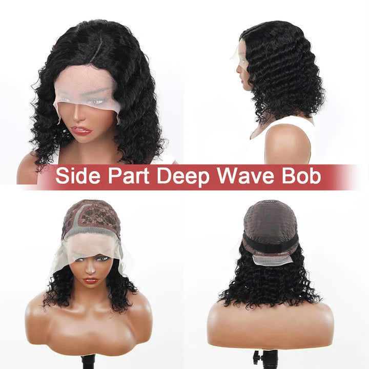 Deep Wave Brazilian Lace Wig for Women Transparent Front Pre-Plucked Glueless Bob with Bleached Knots Human Hair Extensions