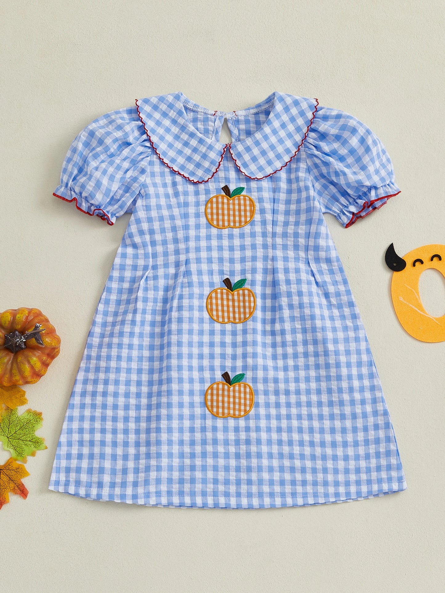 Girls Halloween Costume Pumpkin Embroidery Plaid Dress with Short Sleeves for Toddler Girls - Adorable Halloween Outfit