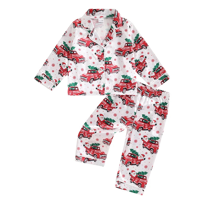 Children s Girls Christmas Pajama Set with Festive Santa Claus Design Long Sleeve Button-Up Shirt and Elastic Waist Pants for