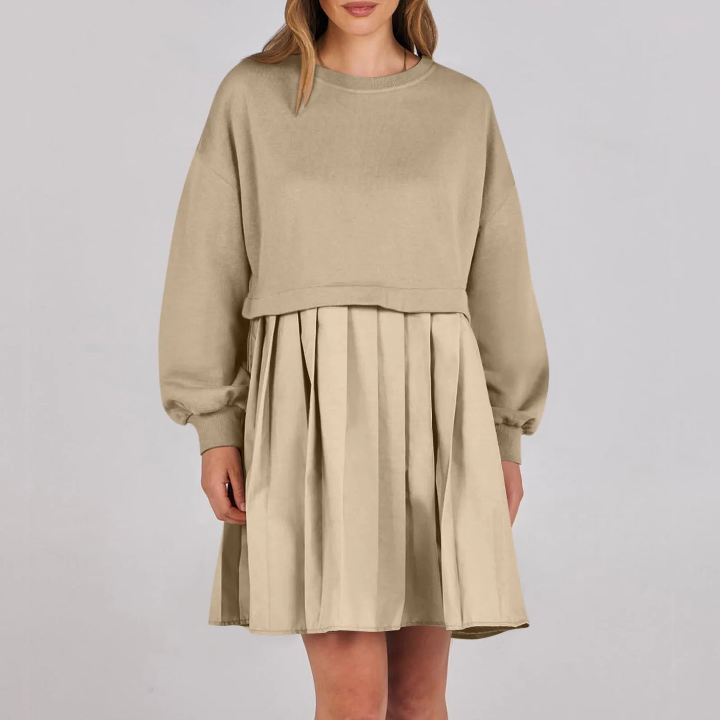 Women Sweatshirt Dress Long Sleeve Patchwork Crewneck Pullover Loose Fit Babydoll Tops Baggy Pleated Sweatshirts Mini Dresses