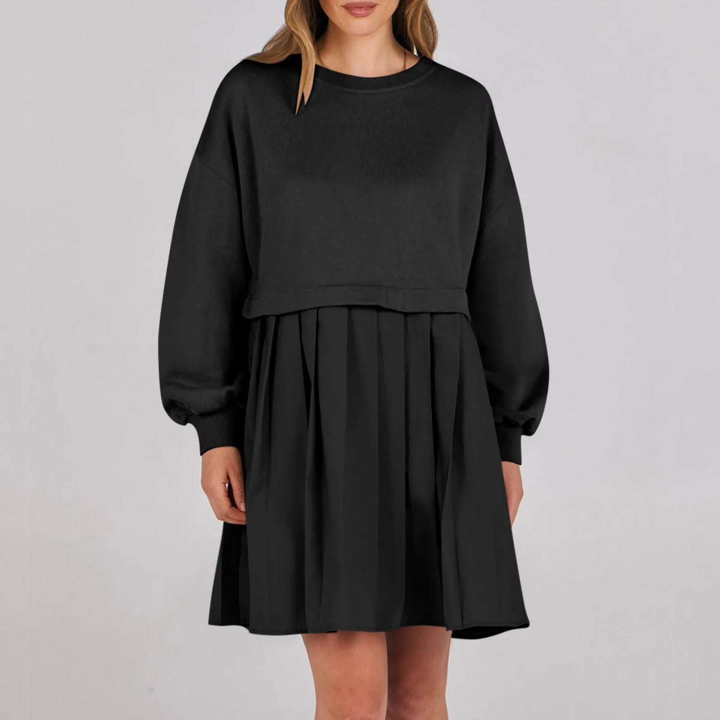 Women Sweatshirt Dress Long Sleeve Patchwork Crewneck Pullover Loose Fit Babydoll Tops Baggy Pleated Sweatshirts Mini Dresses