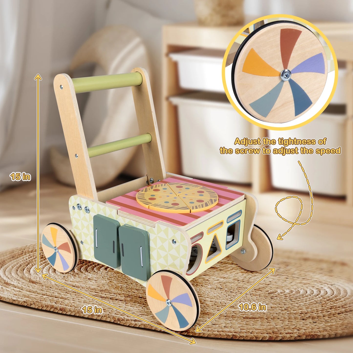 Wooden Baby Push Walker, Kids Play Kitchen Shopping Cart, Baby Walking Toys Activity Center For 1 2 Year Old Girl Boys Gifts