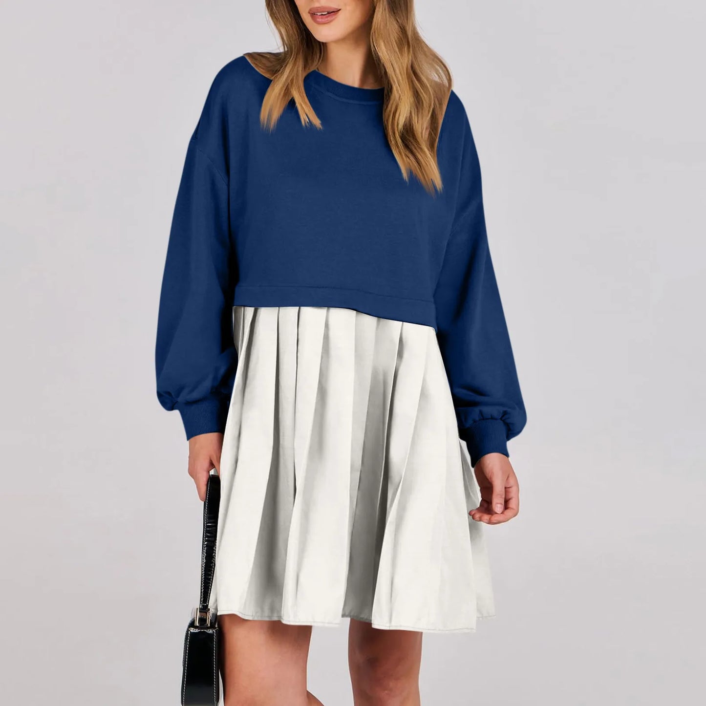 Women Sweatshirt Dress Long Sleeve Patchwork Crewneck Pullover Loose Fit Babydoll Tops Baggy Pleated Sweatshirts Mini Dresses