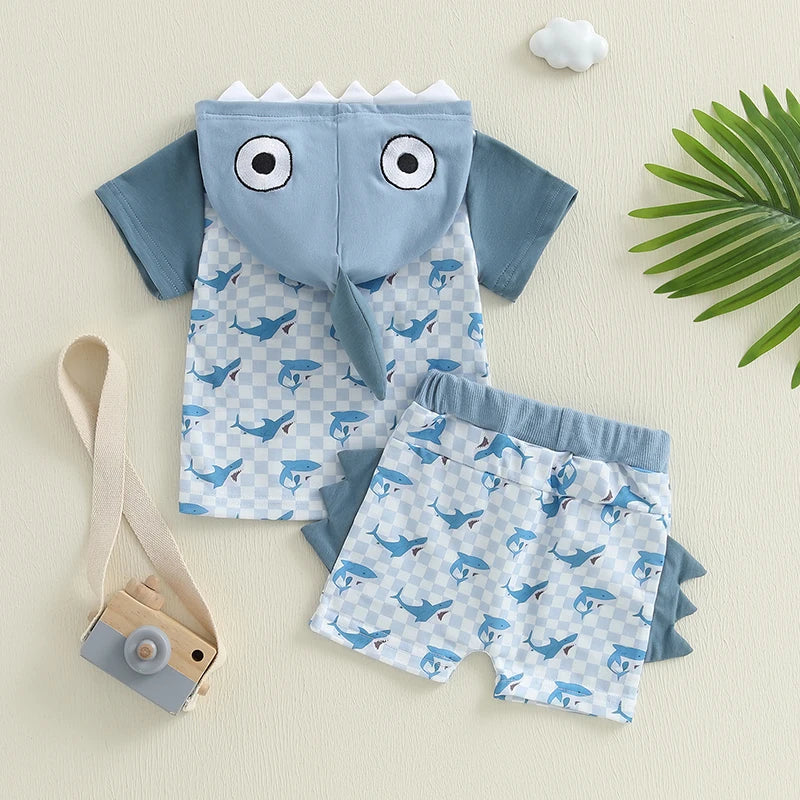 Boys Summer Shorts Sets Short Sleeve Shark Print Hooded Tops and Drawstring Shorts Sets