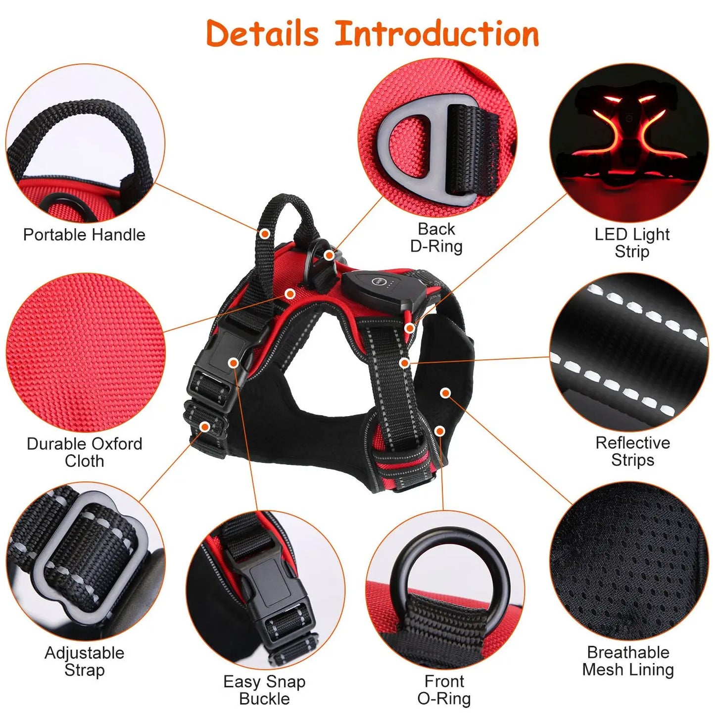 For Light Up Dog Harness Rechargeable LED Dog Harness No Pull Lighted Dog Vest with Handle for Small/Medium/Large Dogs