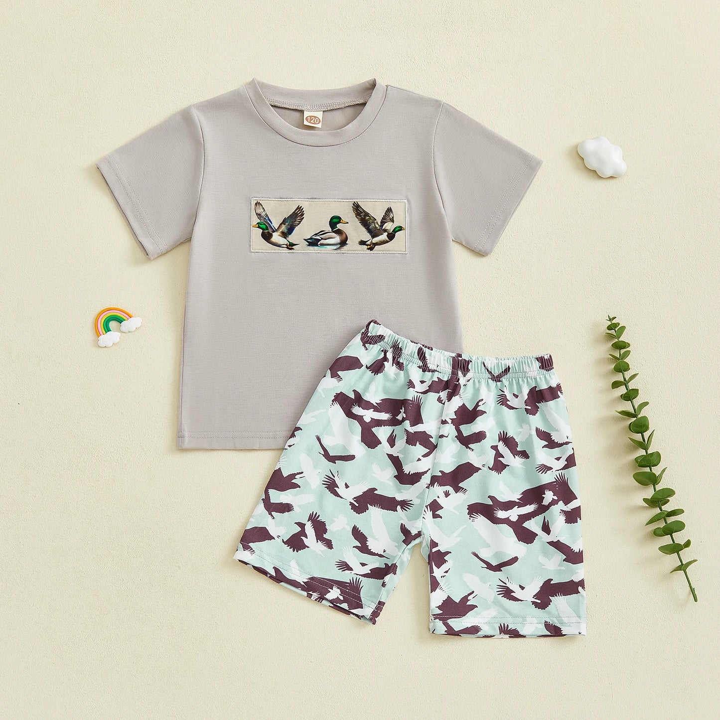 Boys Clothing Set with Cute Animal Embroidery Round Neck Short Sleeve Shirt and Printed Shorts for a Stylish Summer Look
