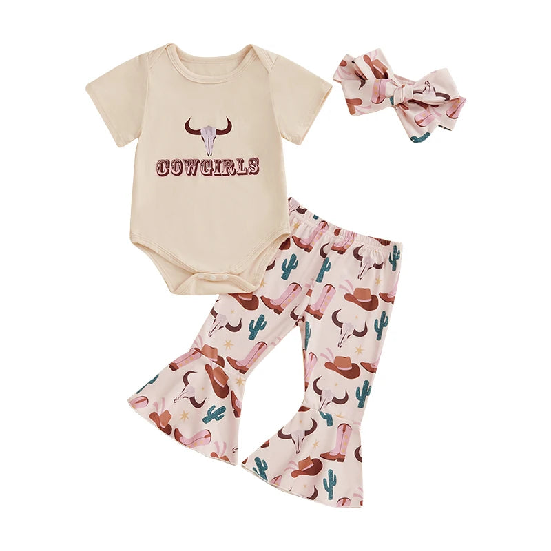 Adorable Baby Girls 3-Piece Outfit Set with Short Sleeve Romper Cow Print Boots and Matching Headband - Western Cowgirl Theme