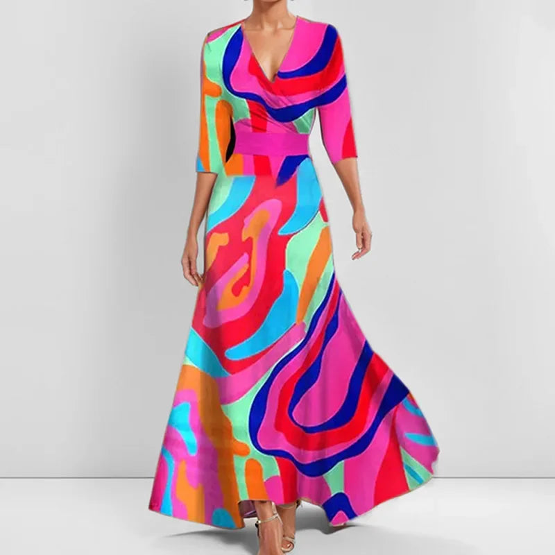 Spring Summer Women Fashion V Neck Belted Party Long Dress Sexy Printing Boho Maxi Dresses Short Sleeve Pocket Femlae Holiday