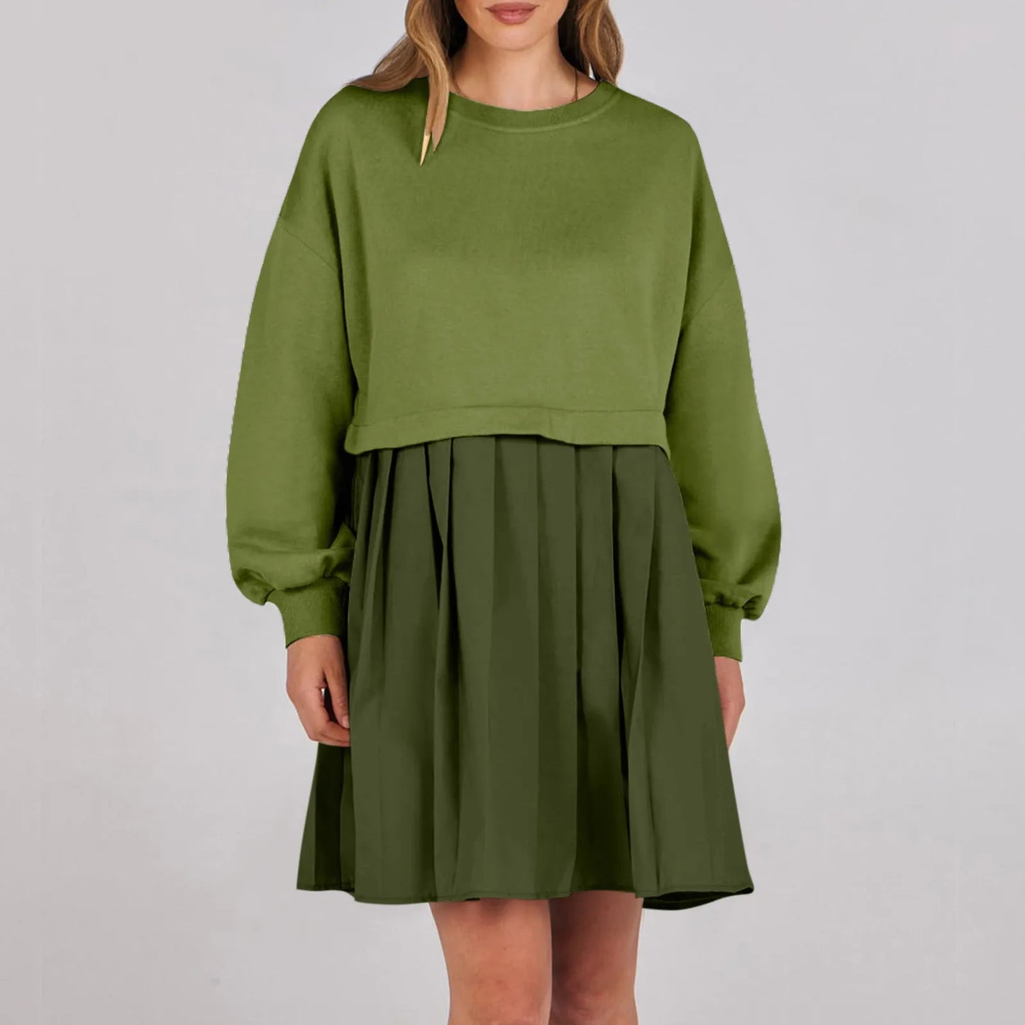 Women Sweatshirt Dress Long Sleeve Patchwork Crewneck Pullover Loose Fit Babydoll Tops Baggy Pleated Sweatshirts Mini Dresses
