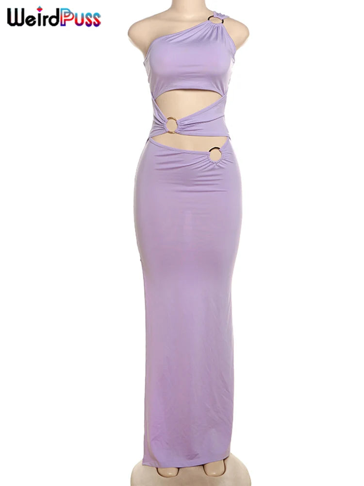 Irregular Hollow Dress Women Patchwork Rings Diagonal Collar Elegant Sleeveless Skinny Trend Stretch Long Bodycon