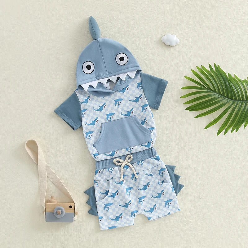 Boys Summer Shorts Sets Short Sleeve Shark Print Hooded Tops and Drawstring Shorts Sets