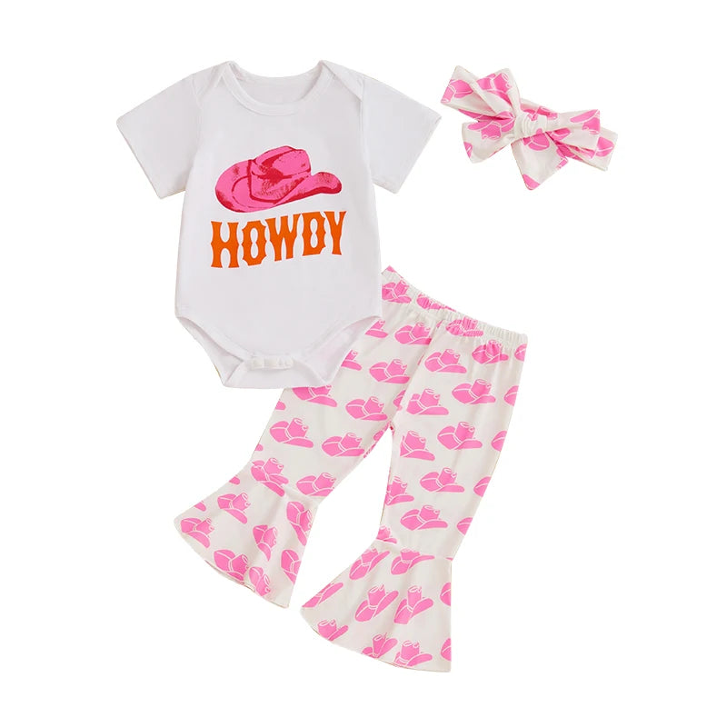Adorable Baby Girls 3-Piece Outfit Set with Short Sleeve Romper Cow Print Boots and Matching Headband - Western Cowgirl Theme