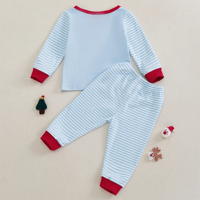 Christmas Toddler Girl Boy Outfits Set with Santa Claus Embroidery Long Sleeve Sweatshirt and Stripe Long Pants - Festive