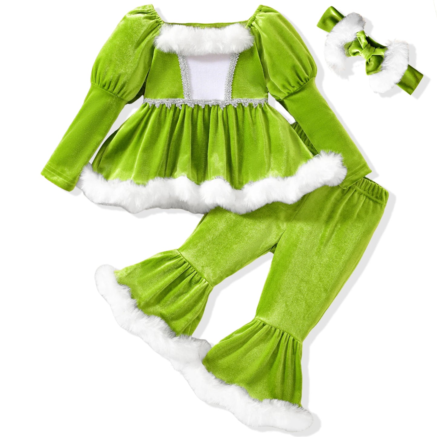 3Pcs Christmas Toddler Girl Outfit Long Sleeve Square Neck Plush Trim Tops with Elastic Waist Flare Pants Headband