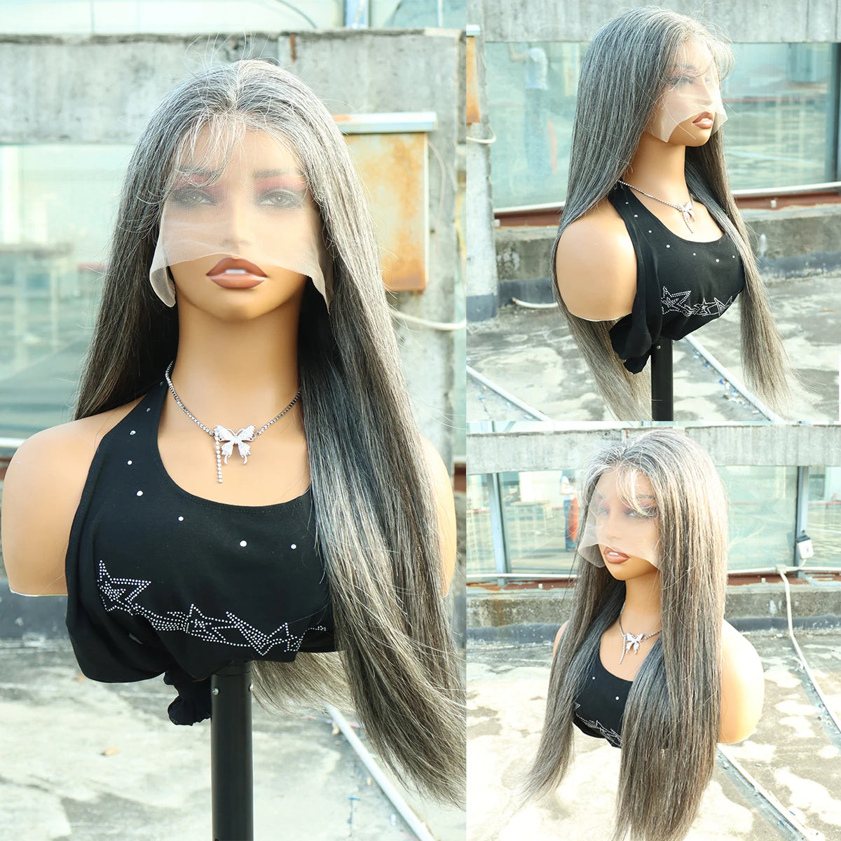 300% Density 13X6 HD Lace Front Wig Human Hair Salt & Pepper Gray Color Pre-Cut Straight Lace Frontal Wigs Human Hair For Women