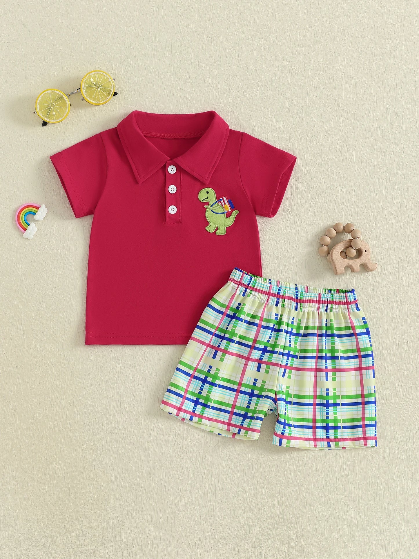 Boys Summer Outfit Set with Short Sleeve Lapel Dinosaur Embroidery Top and Plaid Shorts for a Stylish Look