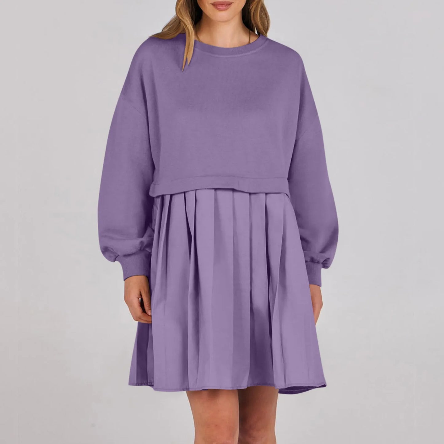 Women Sweatshirt Dress Long Sleeve Patchwork Crewneck Pullover Loose Fit Babydoll Tops Baggy Pleated Sweatshirts Mini Dresses