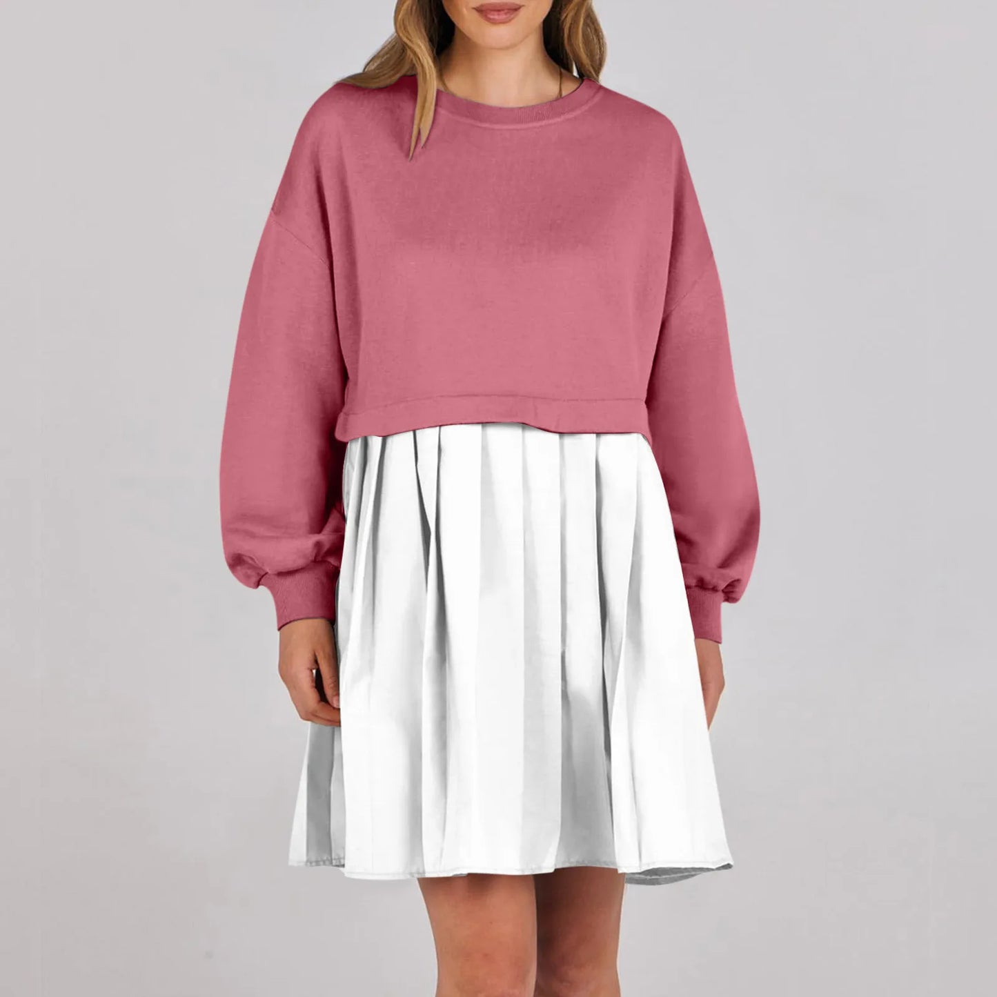 Women Sweatshirt Dress Long Sleeve Patchwork Crewneck Pullover Loose Fit Babydoll Tops Baggy Pleated Sweatshirts Mini Dresses