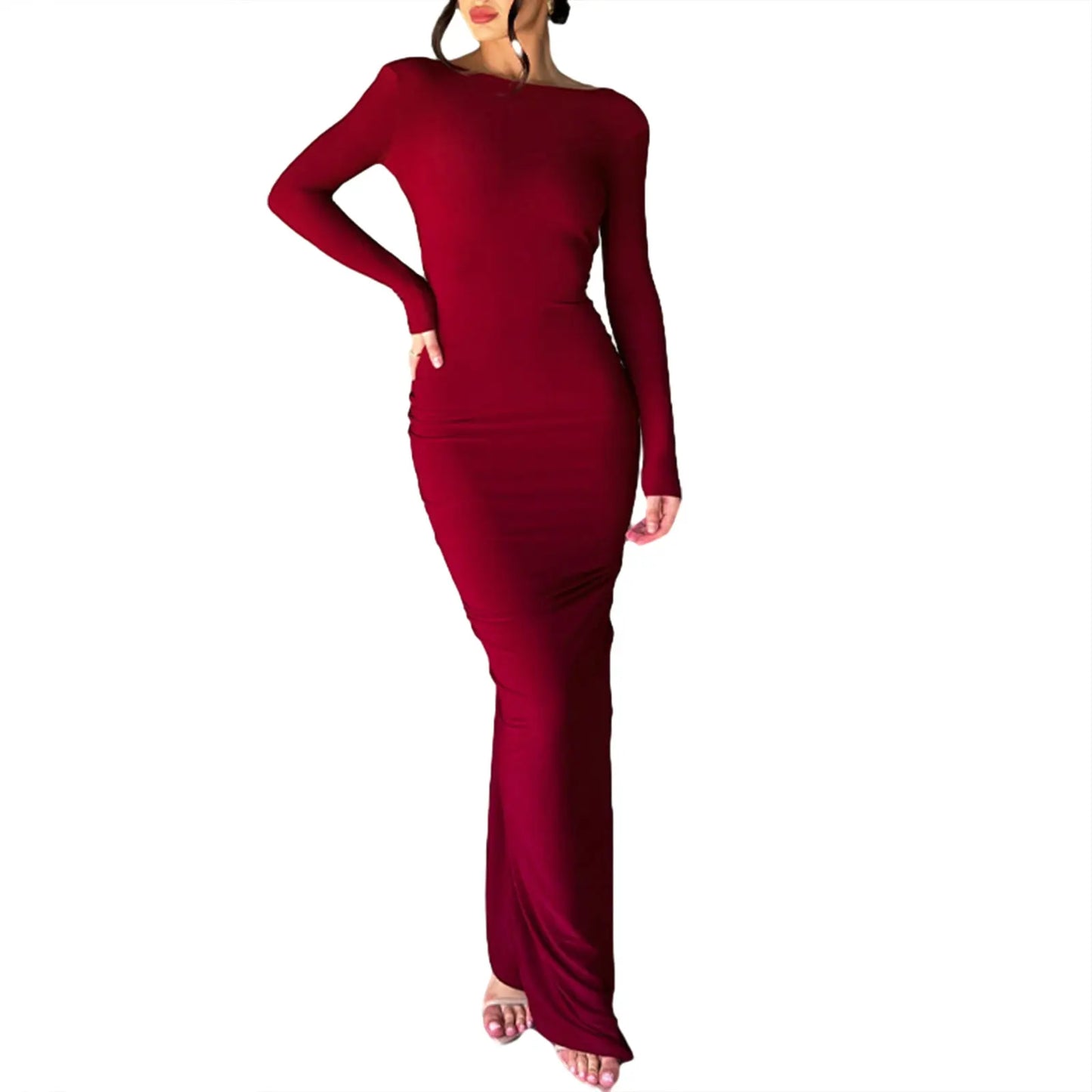 Women Long Bodycon Dress Solid Color Deep V-Neck Ruched Long Sleeve Dress Spring Fall Evening Party Dress