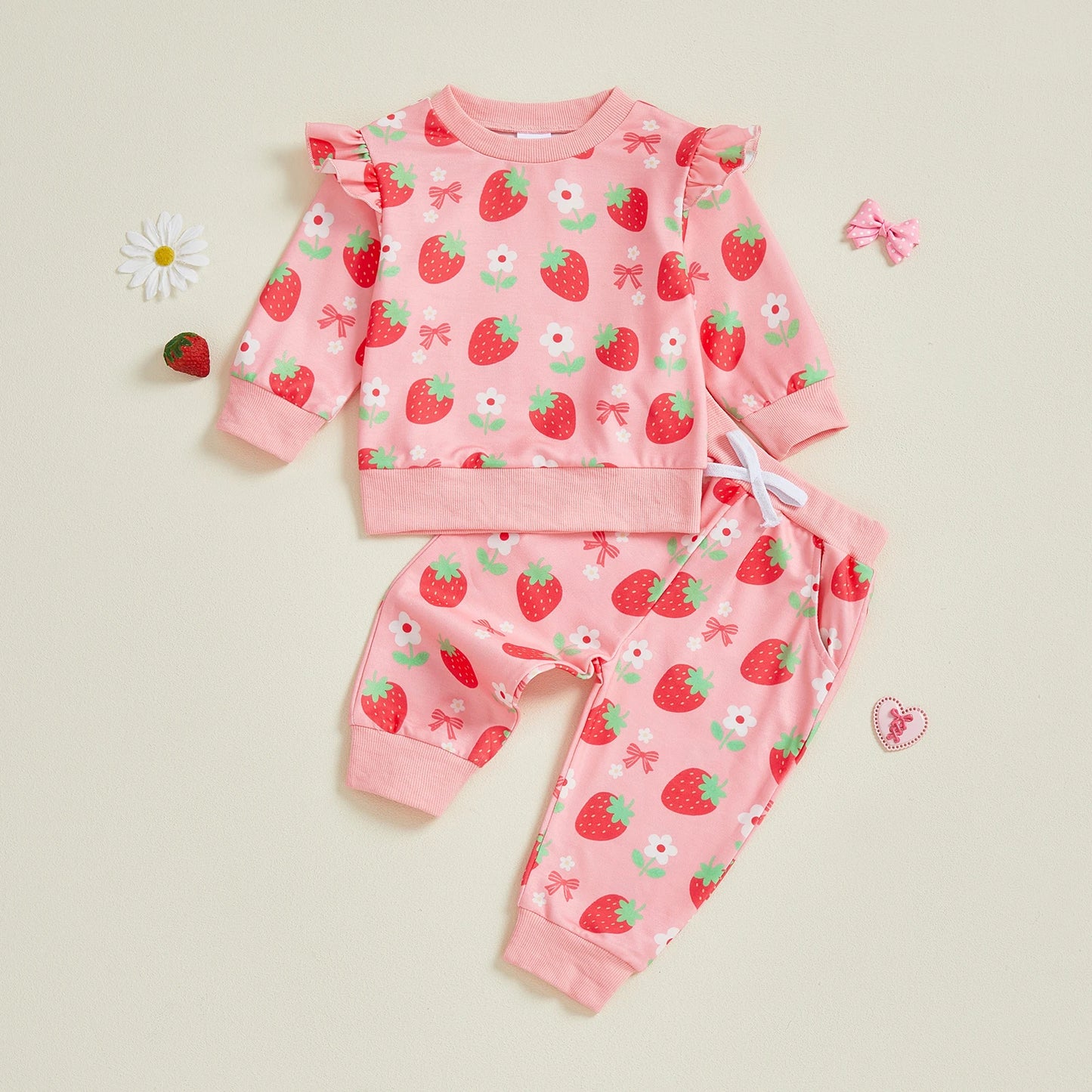 Baby Girls 2 Piece Outfits Creative Strawberry Print Long Sleeve Crew Neck Tops and Elastic Waist Pants Set