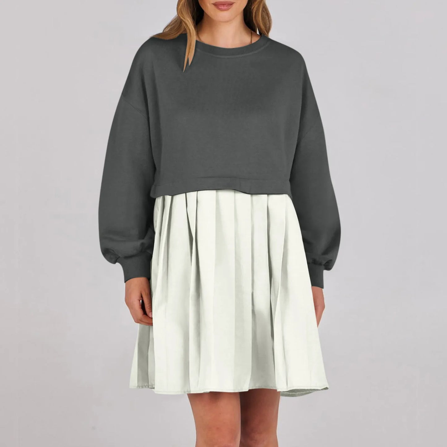 Women Sweatshirt Dress Long Sleeve Patchwork Crewneck Pullover Loose Fit Babydoll Tops Baggy Pleated Sweatshirts Mini Dresses