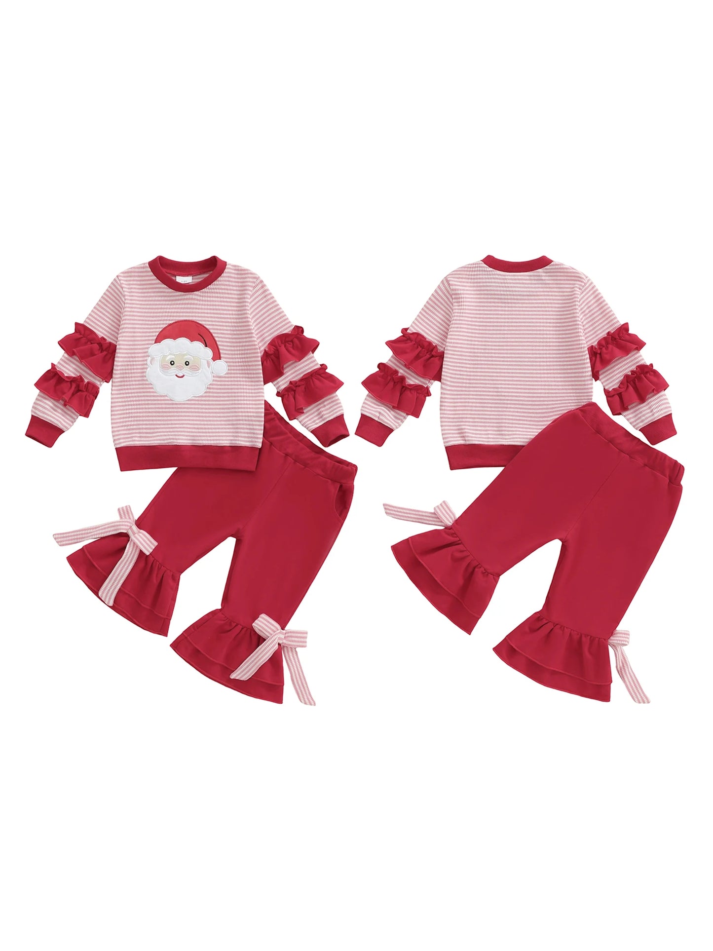 Girls Christmas Outfit Long Sleeve O Neck Reindeer Embroidery Polka Dot Tops Ruffle Pants Sets with Bow Headband