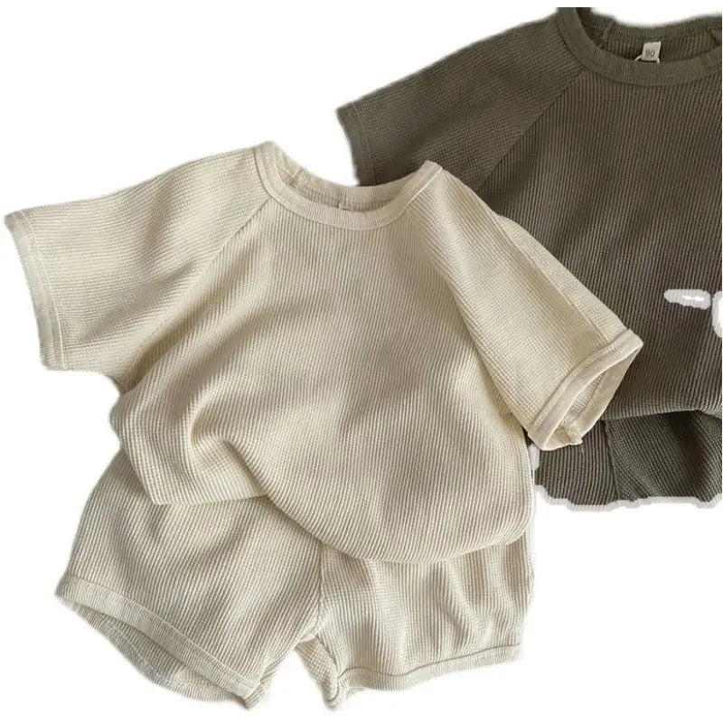 Summer Kids Baby Boys 2PCS Clothes Set Cotton Solid Simple T-shirts Thin Waffle Shorts Suit Toddler Boys Outfits