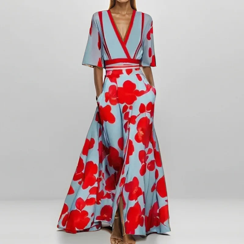 Spring Summer Women Fashion V Neck Belted Party Long Dress Sexy Printing Boho Maxi Dresses Short Sleeve Pocket Femlae Holiday