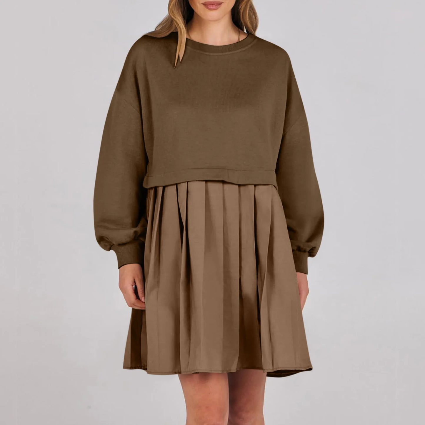Women Sweatshirt Dress Long Sleeve Patchwork Crewneck Pullover Loose Fit Babydoll Tops Baggy Pleated Sweatshirts Mini Dresses