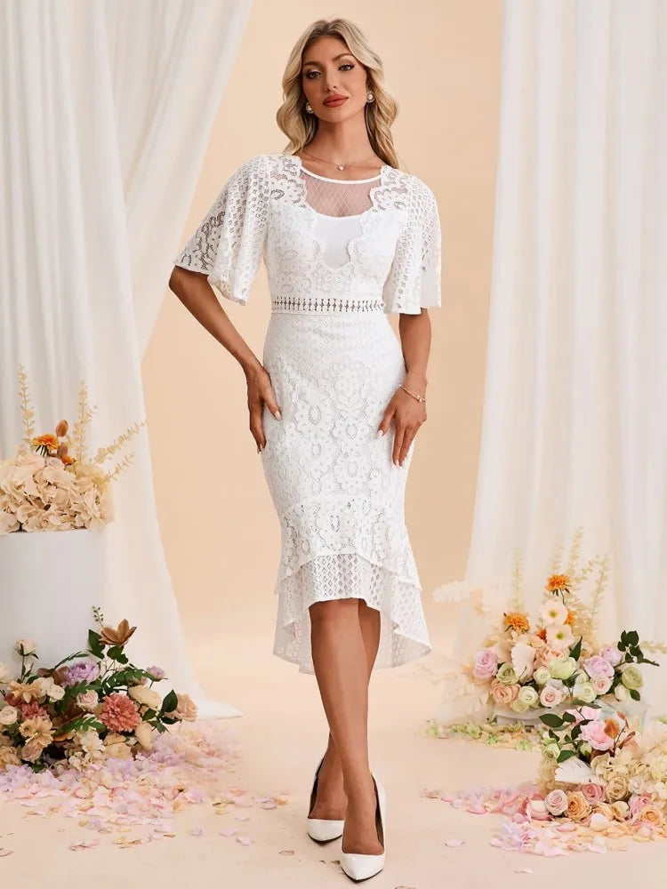 Illusion 1/2 Sleeve Trumpet/Mermaid Lace Tulle Midi Dress
