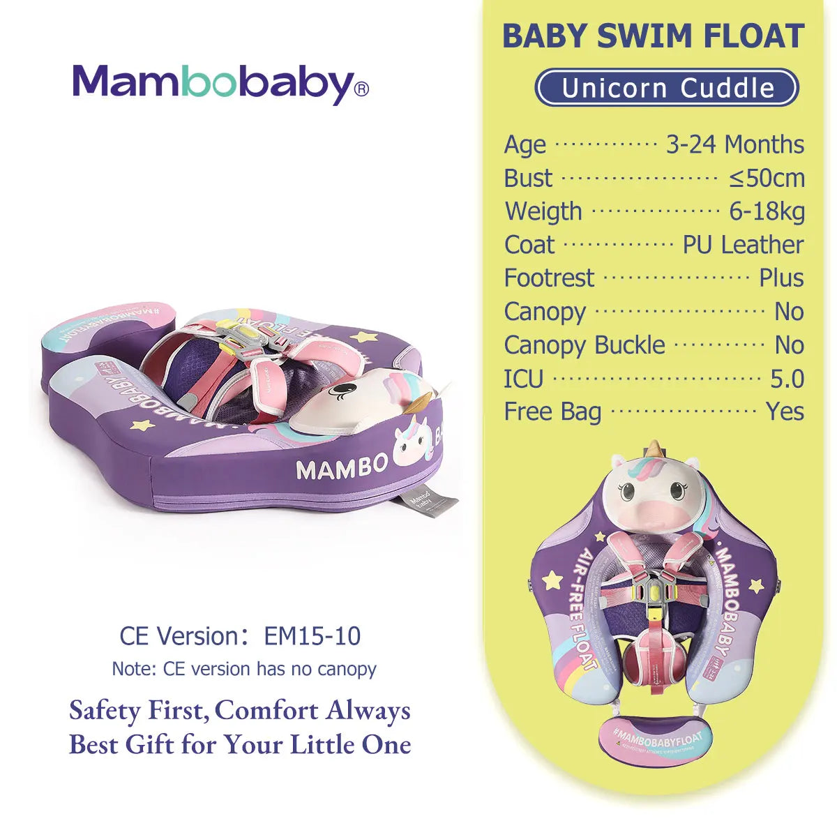 Mambobaby Float Safe Solid Core ST-Unicorn B503-143-W-Z Comfort Always: Skin-friendly Coat Baby Swimming Ring Toddler Pool Float