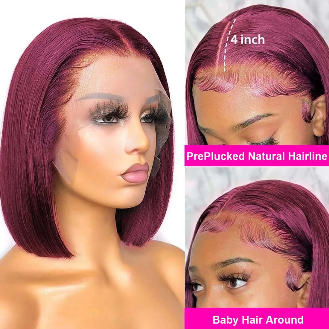 Short Straight Bob Wig Lace Front Human Hair Wigs Ombre Blonde 99J Burgundy Black 13x4 HD Transparent Lace Frontal Wig For Women