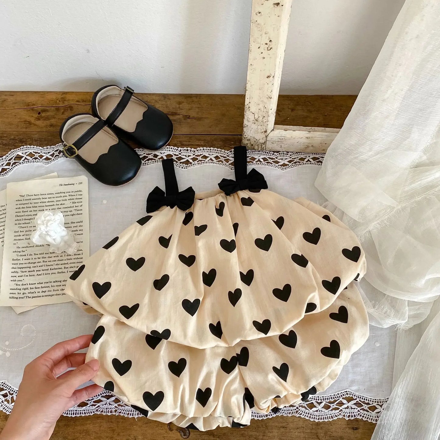 Summer Baby Cotton Sleeveless Bow Heart Double Layer Apricot Strap Top+Love Pants 2 Piece Set for Girls, Versatile