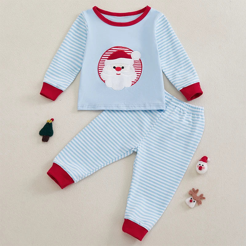 Christmas Toddler Girl Boy Outfits Set with Santa Claus Embroidery Long Sleeve Sweatshirt and Stripe Long Pants - Festive