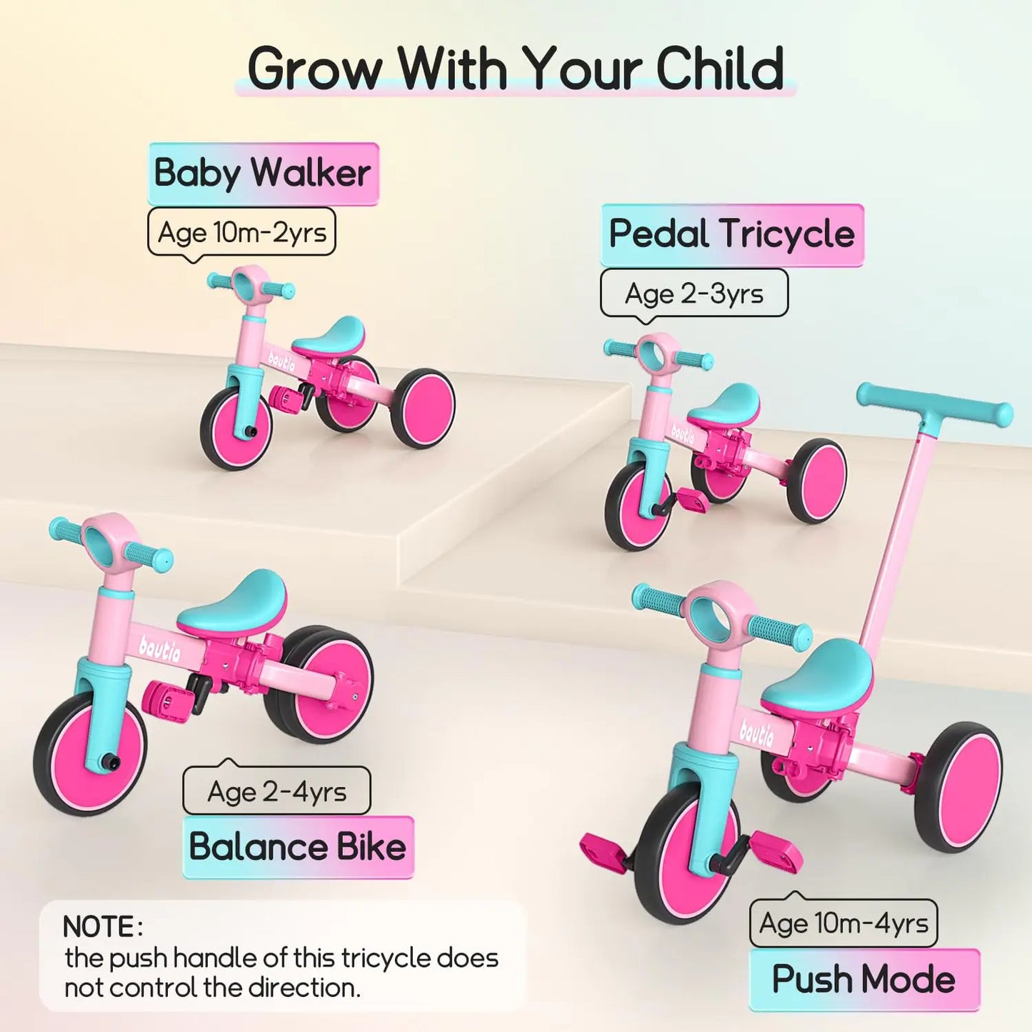 5 in 1 Kids Tricycle for Toddlers 1-3 Baby Balance Bike Toy for Boys Girls Gift with Push Handle & Removable Pedals