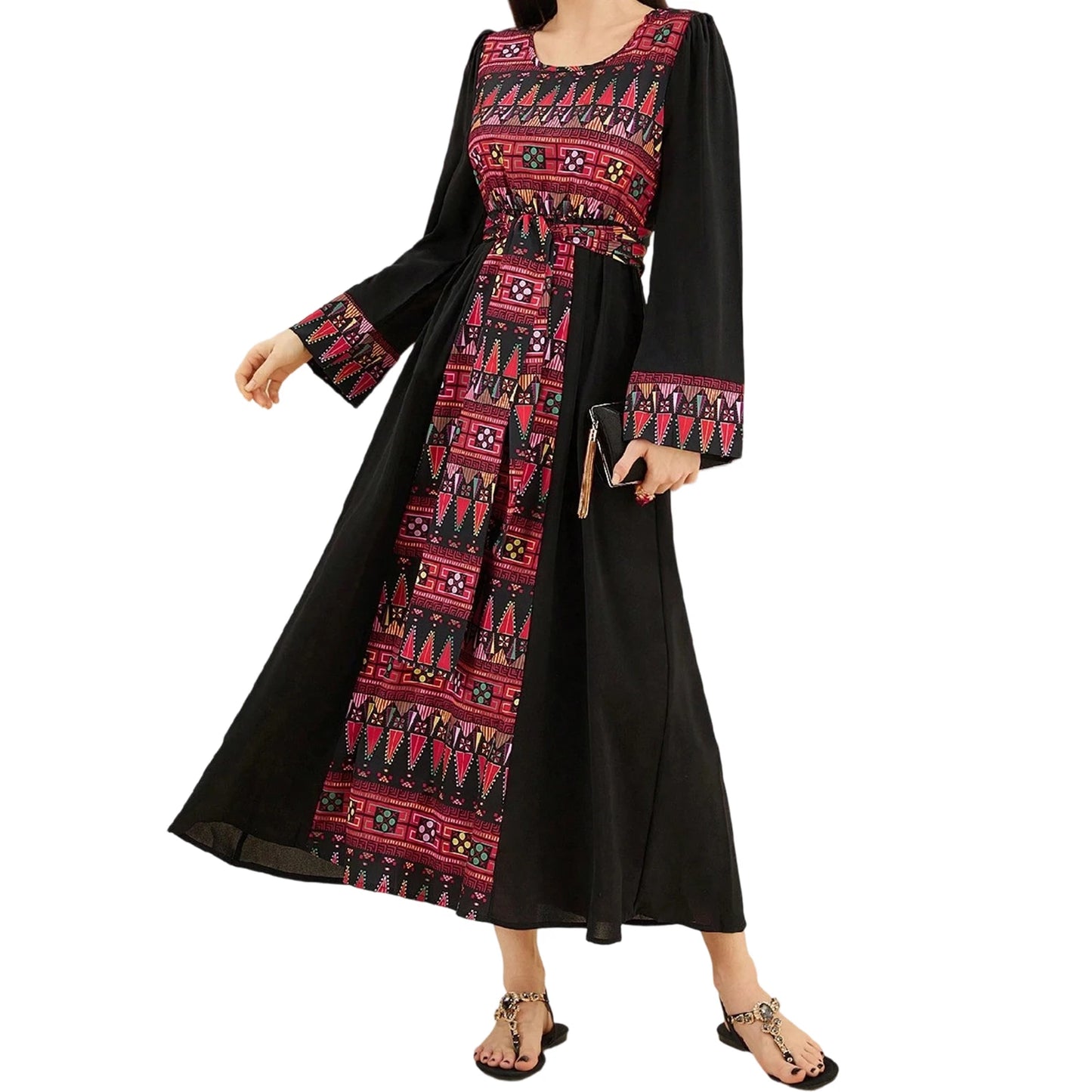 Elegant Floral Print Maxi Dress with Long Sleeves and Smocked Waist for Women s Fall Fashion Arab Style Dress