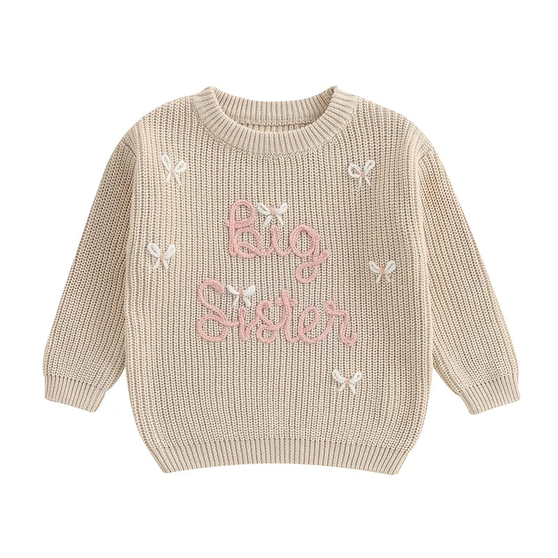 Cute Infant Pullover Sweater with Round Neck Long Sleeves Bow Detail and Embroidered Letter Design - Adorable Toddler Top
